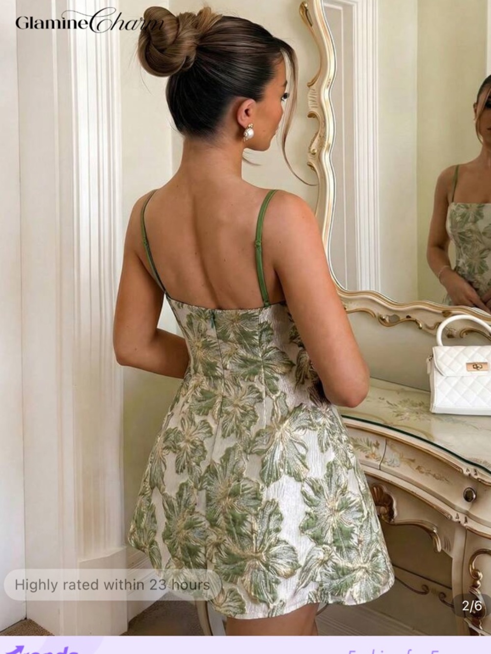 SHEIN Green Floral Embroidered Mini Dress with Spaghetti Straps